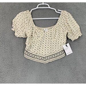 Japna Women's Boho Chic Ivory Polka Dot Puff Sleeve Cropped Blouse Size Small